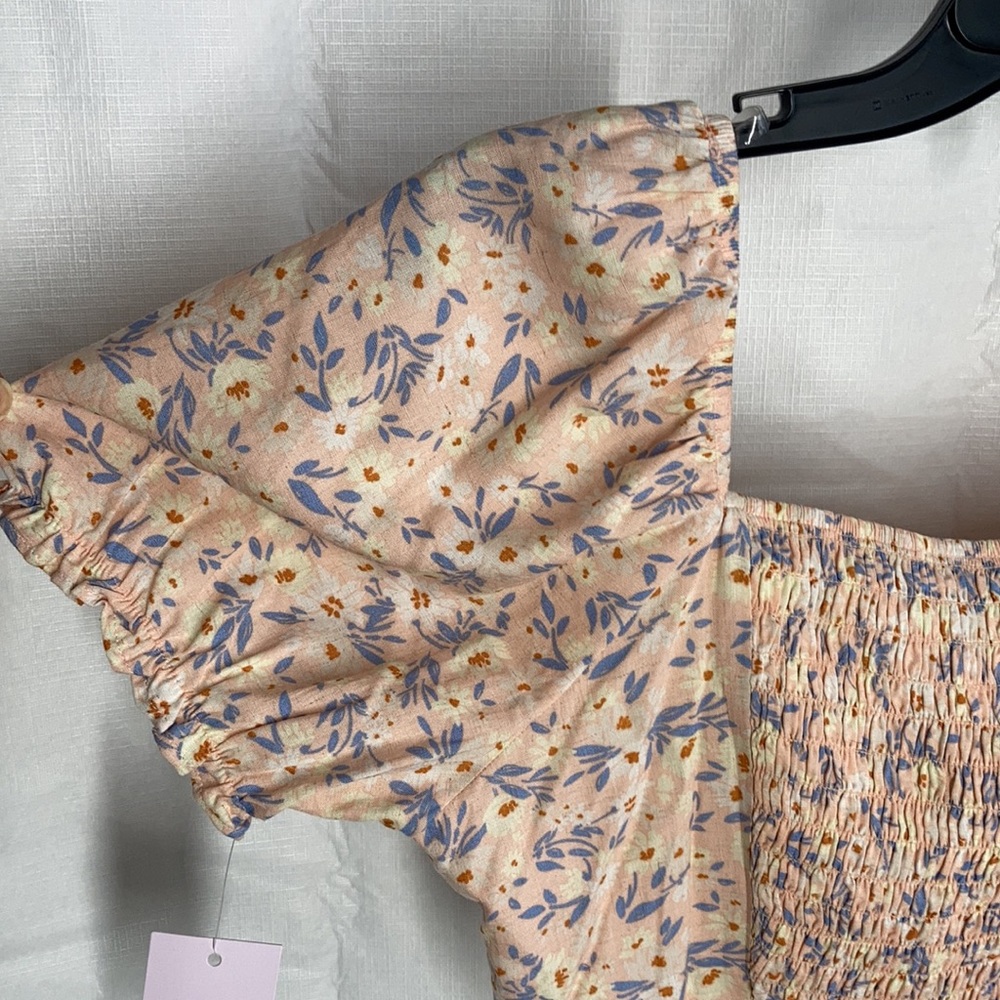 SO top floral print tie front smocked back puff sleeve crop top boho L jrs - Picture 7 of 16